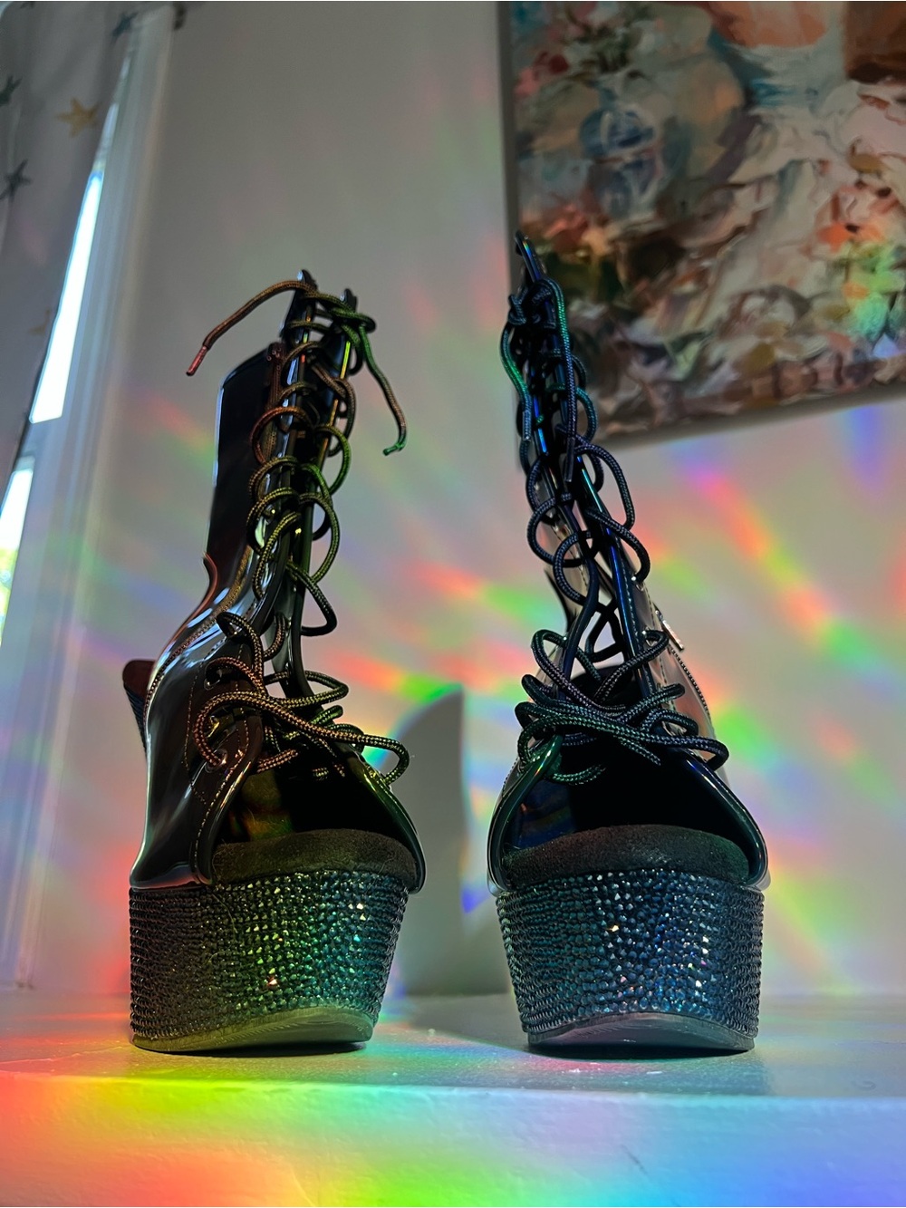Pleaser Holographic Black Platform Rhinestone Lace-Up Boots sz 12 read post - Picture 5 of 16